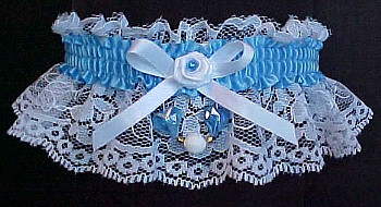 Blue and White Garter with Aurora Borealis Hearts on White Lace for Wedding Bridal or Prom.