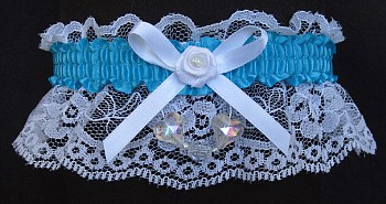 Turquoise Blue Garter with Aurora Borealis Hearts on White Lace for Wedding Bridal Prom