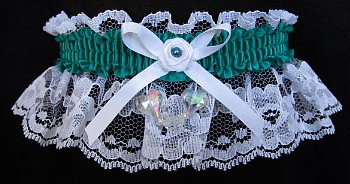 Mallard Blue Garter with Aurora Borealis Hearts on White Lace for Wedding Bridal Prom