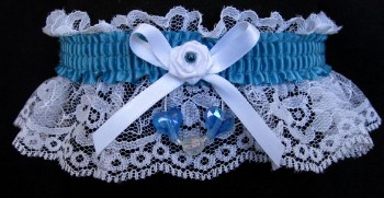 Peacock Blue Garter w/ Aurora Borealis Hearts on White Lace for Wedding Bridal Prom