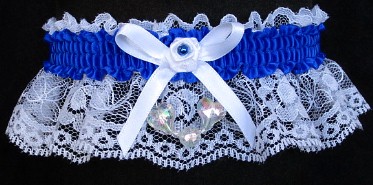 Neon Electric Blue Garter with Aurora Borealis Hearts on White Lace for Wedding Bridal Prom