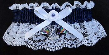 Navy Blue Garter with Aurora Borealis Hearts on White Lace for Wedding Bridal Prom