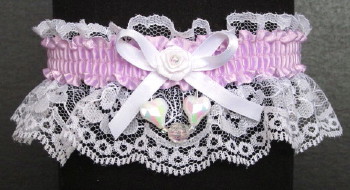 Lt Orchid Aurora Borealis Hearts Garter on White Lace for Wedding Bridal Prom