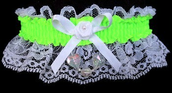 Neon Green Garter with Aurora Borealis Hearts on White Lace for Wedding Bridal Prom
