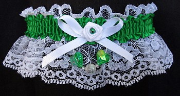 Emereald Aurora Borealis Hearts Garter on White Lace for Wedding Bridal Prom