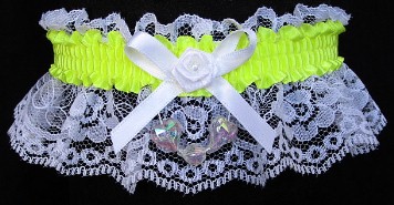 Neon Yellow Garter with Aurora Borealis Hearts on White Lace for Wedding Bridal Prom