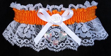 Neon Orange Garter with Aurora Borealis Hearts on White Lace for Wedding Bridal Prom
