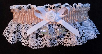 Peach Shadow Aurora Borealis Hearts Garter on White Lace for Wedding Bridal Prom