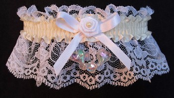 Ivory AB Aurora Borealis Hearts Garter on White Lace for Wedding Bridal Prom