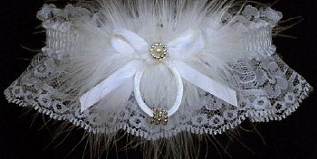 White Lace Wedding Bridal Garter with Silver Beaded Rings & Marabou feathers. garders, garder