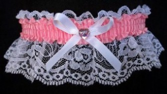 Pink Rhinestone Garter on White Lace for Prom Wedding Bridal Valentine