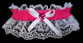 Shocking Pink Rhinestone Garter for Prom Wedding Bridal on White Lace