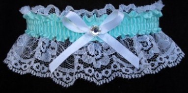 Aqua Rhinestone Garter for Prom Wedding Bridal on White Lace