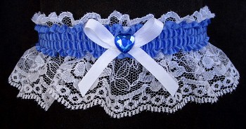 True Blue Rhinestone Garter for Prom Wedding Bridal on White Lace