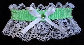 Mint Green Rhinestone Garter for Prom Wedding Bridal on White Lace