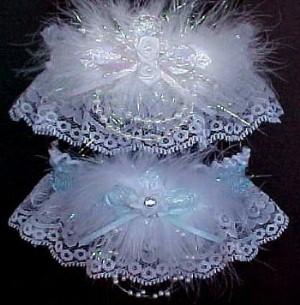Carolina Panthers fabric handmade into bridal prom white organza wedding garter set with handtied bows TNT Customizable 