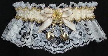 Ivory & Gold Garter with Moire Band & 2 Gold Hearts. garders, garder