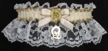 Ivory and Gold Garter. Ivory & Gold Garters with Moire Band & Gold Love Script Charm. garders, garder