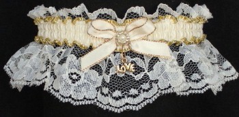 Ivory & Gold Garter with Moire Band & Gold Love Charm. garter, garders, garder