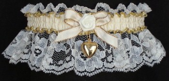 Ivory & Gold Garter with Moire Band & Gold Puffed Heart Charm. garders, garder