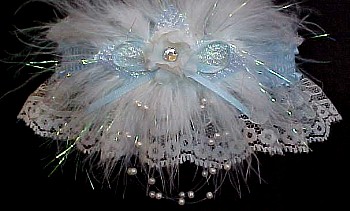 Keepsake Deluxe Ivory Lace and Blue Satin Crystal Rhinestone Bridal Garters with Marabou feathers. garter, garders, garder
