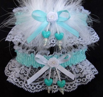 Double Hearts Prom Garter SET in Aqua on White Lace