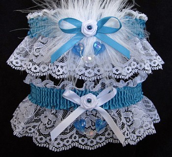 Aurora Borealis Hearts Prom Garter SET in Peacock on White Lace