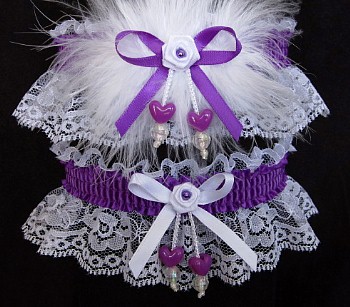 Double Hearts Prom Garter SET in Purple on White Lace