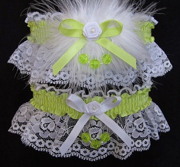 Faceted Beads Prom Garter SET in Pistachio on White Lace