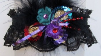 Red Teal Purple Garter w/Feathers on Black Lace for Wedding Bridal Prom