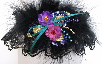 Purple Teal Pink Garter w/Feathers on Black Lace