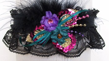 Fuschia Teal Purple Garter w/Feathers on Black Lace