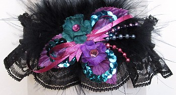 Prom Garter Teal Purple Pink Tri-D w/Feathers on Black Lace