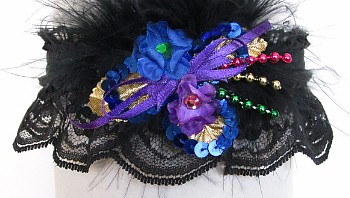 Blue Purple Green Garter with Feathers on Black Lace