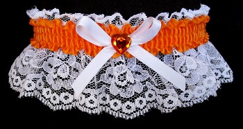 Neon Orange Rhinestone Garter for Prom Wedding Bridal on White Lace