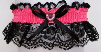 Neon Pink Rhinestone Garter for Prom Wedding Bridal on Black Lace