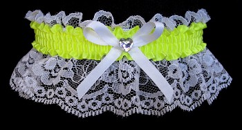 Neon Yellow Rhinestone Garter for Prom Wedding Bridal on White Lace