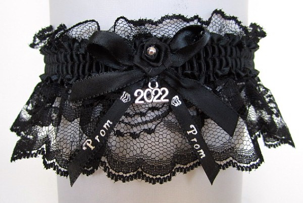 2022 Prom Garter Special on black lace with Prom imprinted ribbon tails & Year Charm. Prom garter tradition. Prom garters online. garder, garders