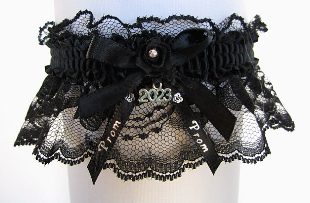 2023 Prom Garter Special on black lace with Prom imprinted ribbon tails & Year Charm. Prom garter tradition. Prom garters online. garder, garders