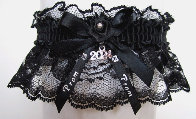 2025 Prom Garter Special on black lace with Prom imprinted ribbon tails & Year Charm. Prom garter tradition. Prom garters online. garder, garders