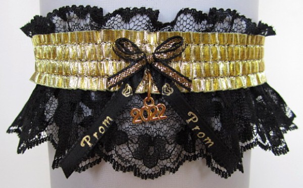 Lame Gold Metallic Prom Garter with Prom Imprinted Ribbon Tails & Year Charm on White Lace