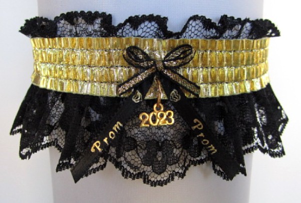 Lame Gold Metallic Prom Garter with Prom Imprinted Ribbon Tails & Year Charm on White Lace