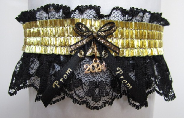 Lame Gold Metallic Prom Garter with Prom Imprinted Ribbon Tails & Year Charm on White Lace