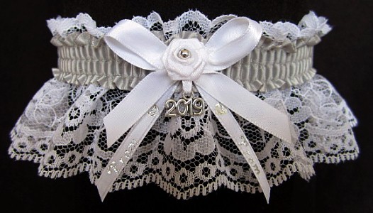 Pretty Prom Garter in Silver Satin with Imprint and Year Charm
