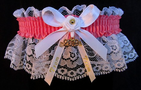 Pretty Prom Garter in Coral Rose with Imprint and Year Charm