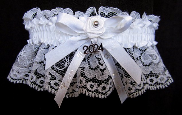 2024 Prom Garter Special on white lace with Prom imprinted ribbon tails & Year Charm. Prom garter tradition. Prom garters online. garder, garders