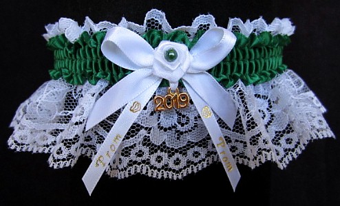 Pretty Prom Garter in Forest Green with Imprint and Year Charm