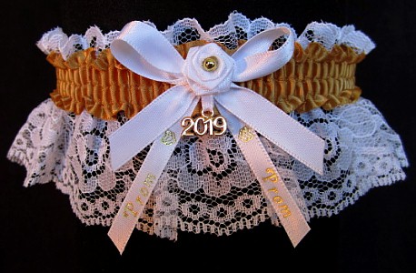 Pretty Prom Garter in Old Gold with Imprint and Year Charm