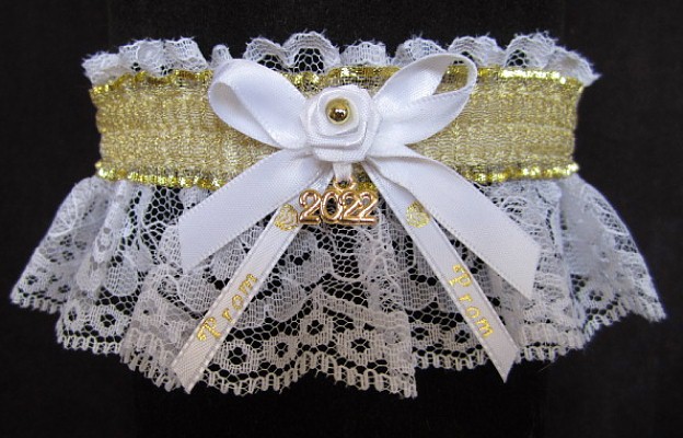 Sheer Gold Metallic Prom Garter with Prom Imprinted Ribbon Tails & Year Charm on White Lace