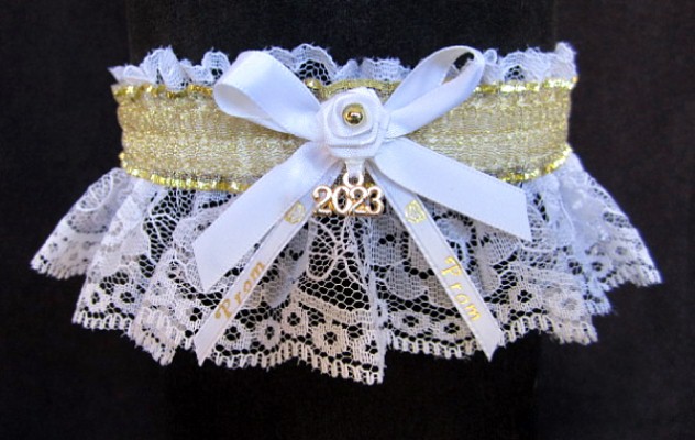 Sheer Gold Metallic Prom Garter with Prom Imprinted Ribbon Tails & Year Charm on White Lace